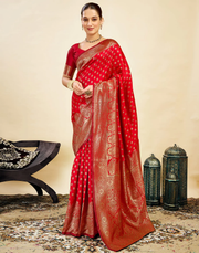 Vibrant Red Banarasi Silk Saree with Golden Zari Weaving