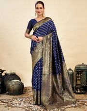 Regal Navy Blue Banarasi Silk Saree with Golden Zari Weaving