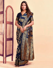 Navy Blue Banarasi Silk Saree with Golden Zari Weaving