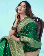 Bottle Green Banarasi Silk Saree with Zari Buttas and Broad Border