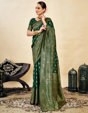 Elegant Bottle Green Banarasi Silk Saree with Luxurious Golden Zari Weaving