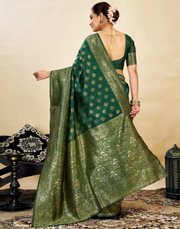 Elegant Bottle Green Banarasi Silk Saree with Luxurious Golden Zari Weaving