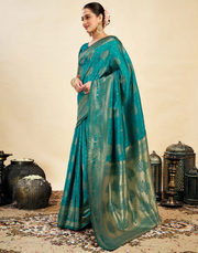Exquisite Teal Banarasi Silk Saree with Luxurious Golden Zari Weaving
