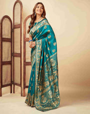Elegant Teal Banarasi Silk Saree with Golden Zari Motifs