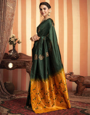 Royal Green & Mustard Silk Saree with Golden Zari Floral Weaving
