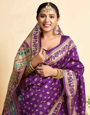 Royal Purple Banarasi Silk Saree with Elephant & Floral Zari Border