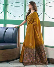 Mustard Yellow Silk Saree with Black Zari Border & Floral Weaving