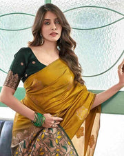 Mustard Yellow Silk Saree with Black Zari Border & Floral Weaving