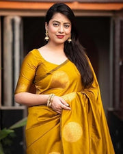 Mustard Yellow Banarasi Silk Saree with Golden Polka Dots