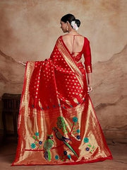 Scarlet Red Banarasi Silk Saree with Hand-Painted Parrot Motif