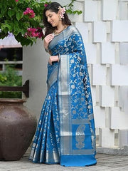 Majestic Royal Blue Banarasi Silk Saree with Silver Zari