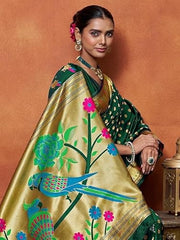 Artistic Emerald Green Paithani Silk Saree with Woven Peacock Motifs