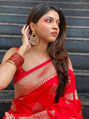 Exquisite Red Banarasi Silk Saree with All-Over Golden Butta Work