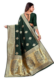 Luxurious Emerald Green Banarasi Silk Saree with All-Over Golden Butta Motifs