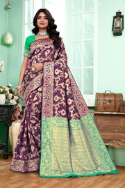 Regal Purple Banarasi Silk Saree with Green Zari Weaving