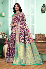 Regal Purple Banarasi Silk Saree with Green Zari Weaving