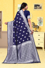 Majestically Navy Blue Banarasi Silk Saree with Intricate Silver Zari Weaving