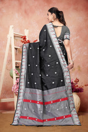 Chic Black Silk Saree with Silver Zari and Red Accents