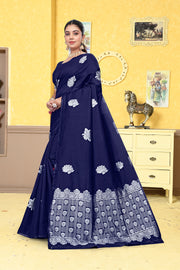 Classic Navy Blue Banarasi Silk Saree with Silver Zari Weaving