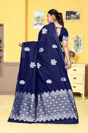 Classic Navy Blue Banarasi Silk Saree with Silver Zari Weaving