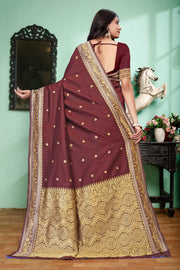 Luxurious Maroon Banarasi Silk Saree with Grand Golden Zari