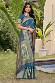 Elegant Teal Blue Banarasi Silk Saree with Golden Zari