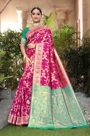 Vibrant Fuchsia Banarasi Silk Saree with Golden Zari
