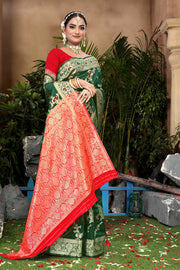Forest Green Banarasi Silk Saree with Ruby Red Weaving