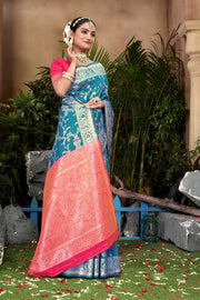 Vibrant Sky Blue Banarasi Silk Saree with Golden Zari