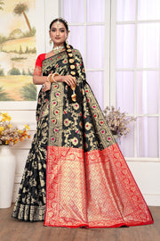 Mystical Black Banarasi Silk Saree with Ruby Red Weaving