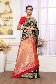 Mystical Black Banarasi Silk Saree with Ruby Red Weaving