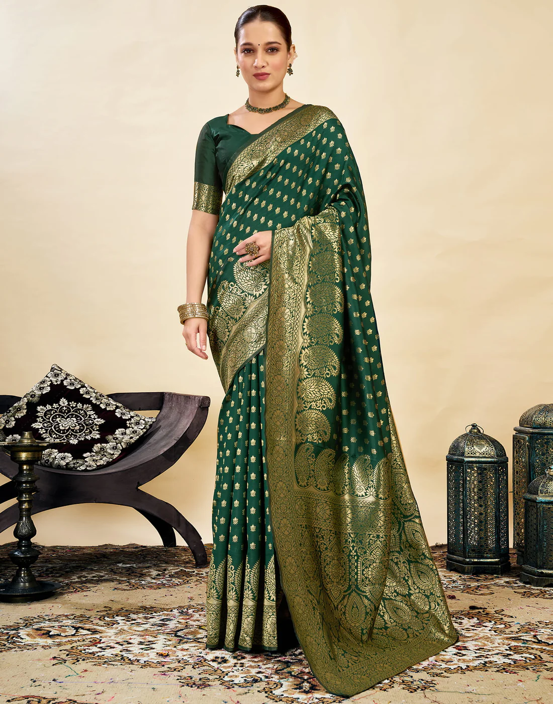 Regal Bottle Green Banarasi Silk Saree with Golden Zari Weaving