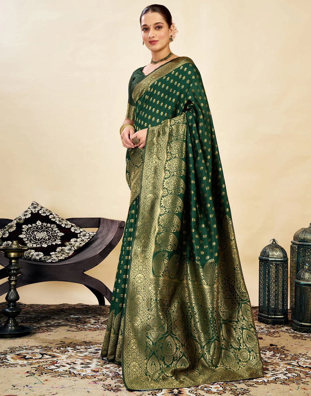 Regal Bottle Green Banarasi Silk Saree with Golden Zari Weaving
