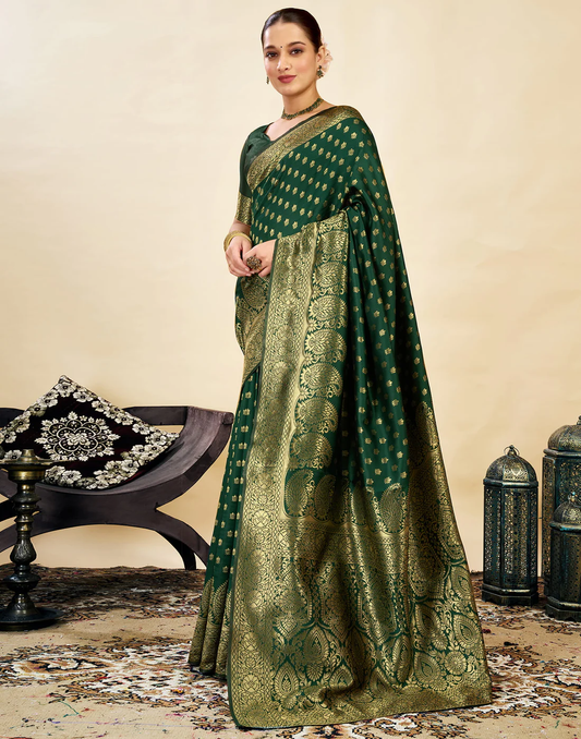 Regal Bottle Green Banarasi Silk Saree with Golden Zari Weaving