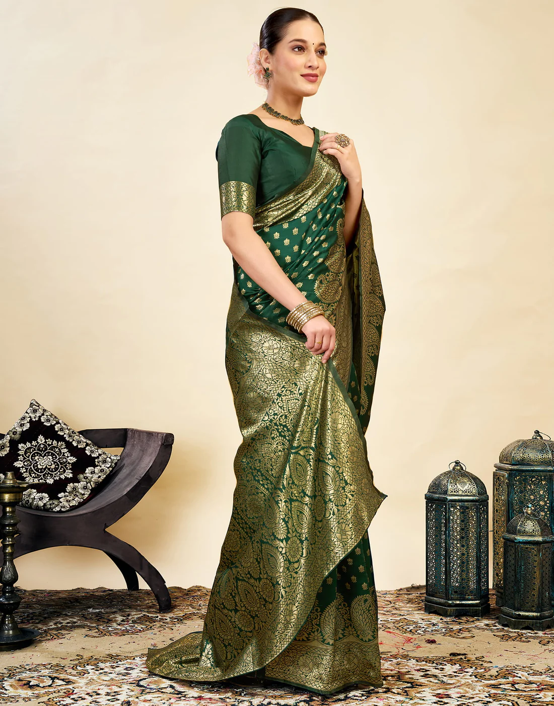 Regal Bottle Green Banarasi Silk Saree with Golden Zari Weaving