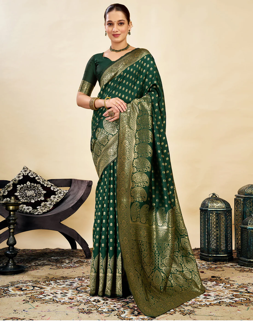 Regal Bottle Green Banarasi Silk Saree with Golden Zari Weaving