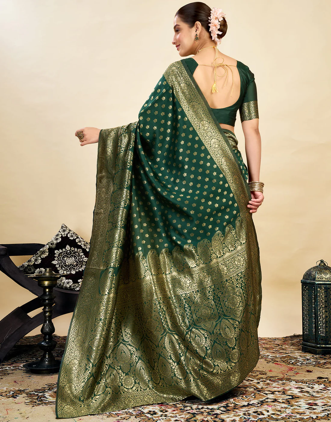 Regal Bottle Green Banarasi Silk Saree with Golden Zari Weaving