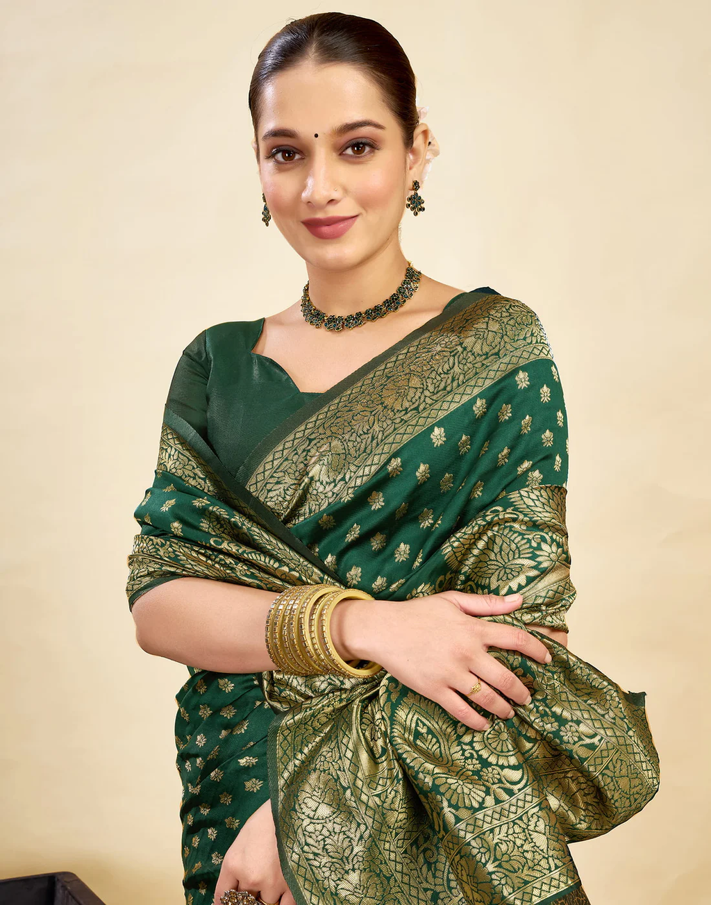 Regal Bottle Green Banarasi Silk Saree with Golden Zari Weaving