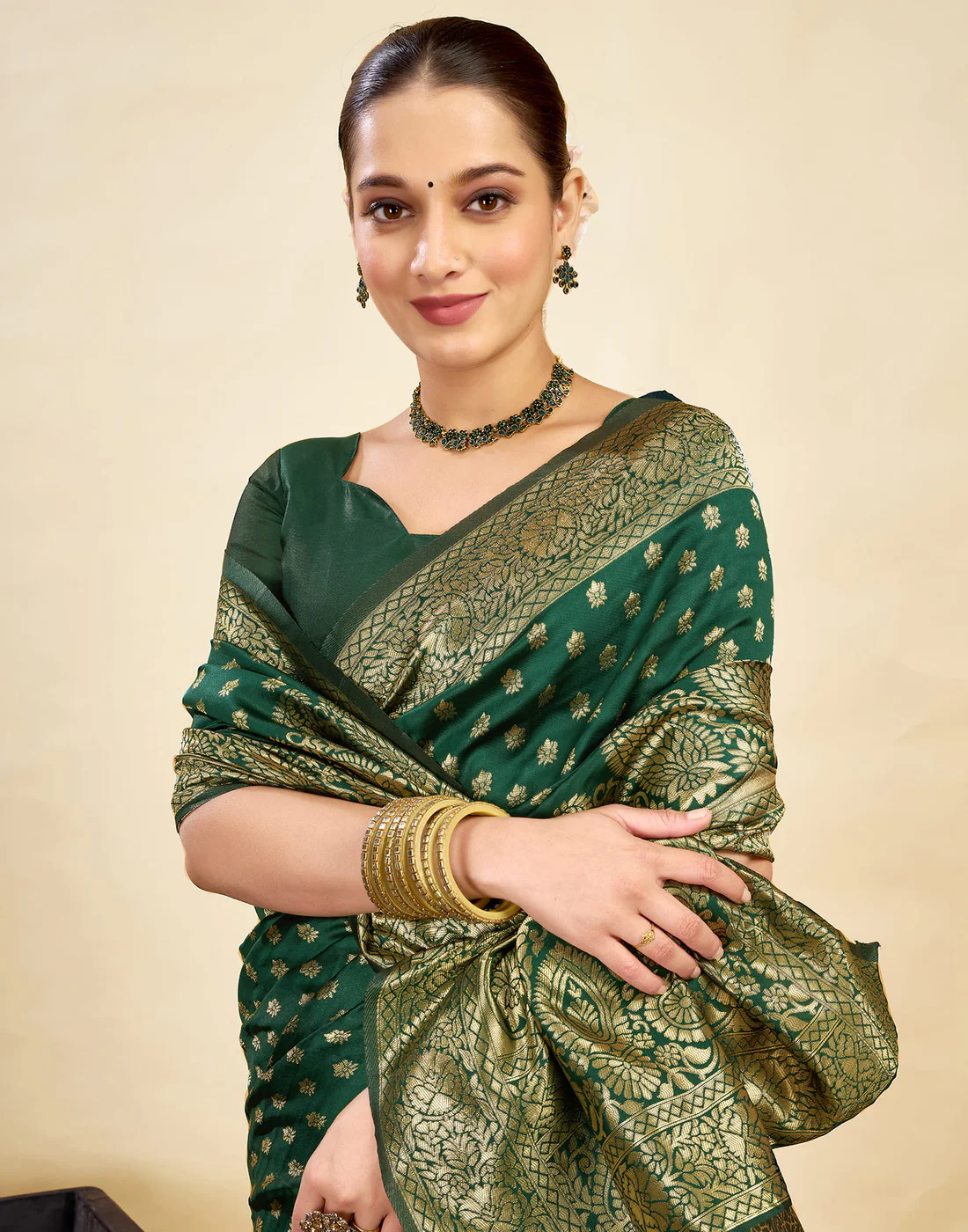 Regal Bottle Green Banarasi Silk Saree with Golden Zari Weaving