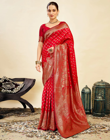 Vibrant Red Banarasi Silk Saree with Golden Zari Weaving
