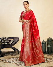 Vibrant Red Banarasi Silk Saree with Golden Zari Weaving