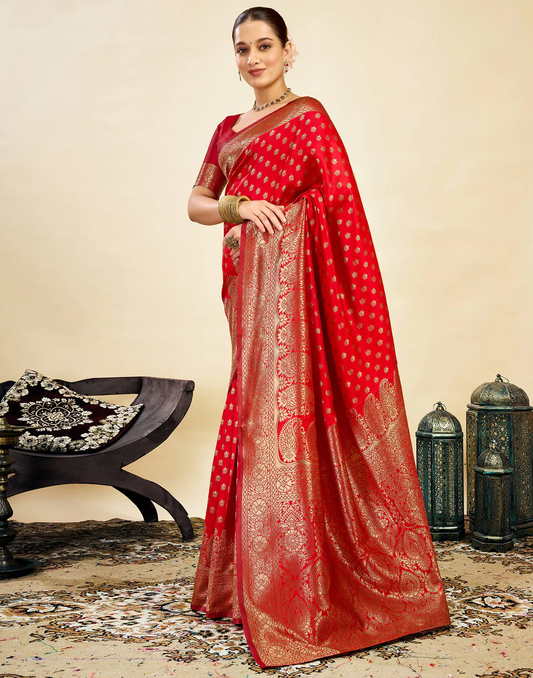 Vibrant Red Banarasi Silk Saree with Golden Zari Weaving