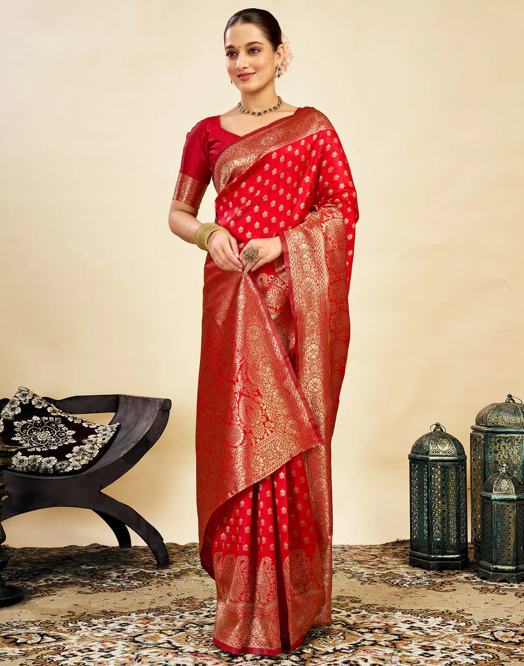 Vibrant Red Banarasi Silk Saree with Golden Zari Weaving