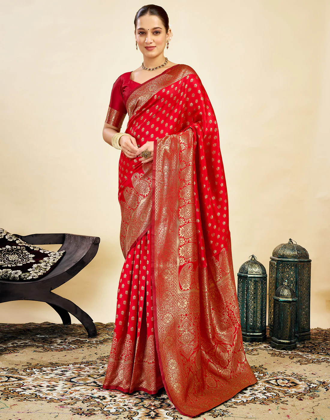 Vibrant Red Banarasi Silk Saree with Golden Zari Weaving
