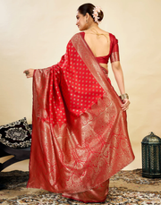 Vibrant Red Banarasi Silk Saree with Golden Zari Weaving