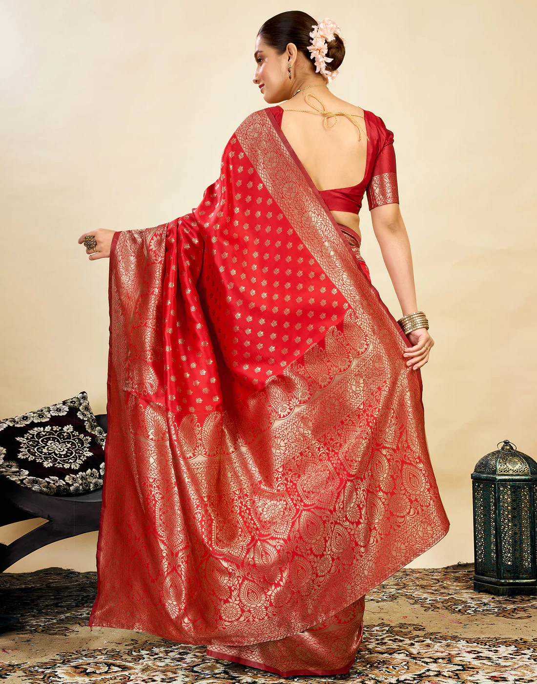 Vibrant Red Banarasi Silk Saree with Golden Zari Weaving