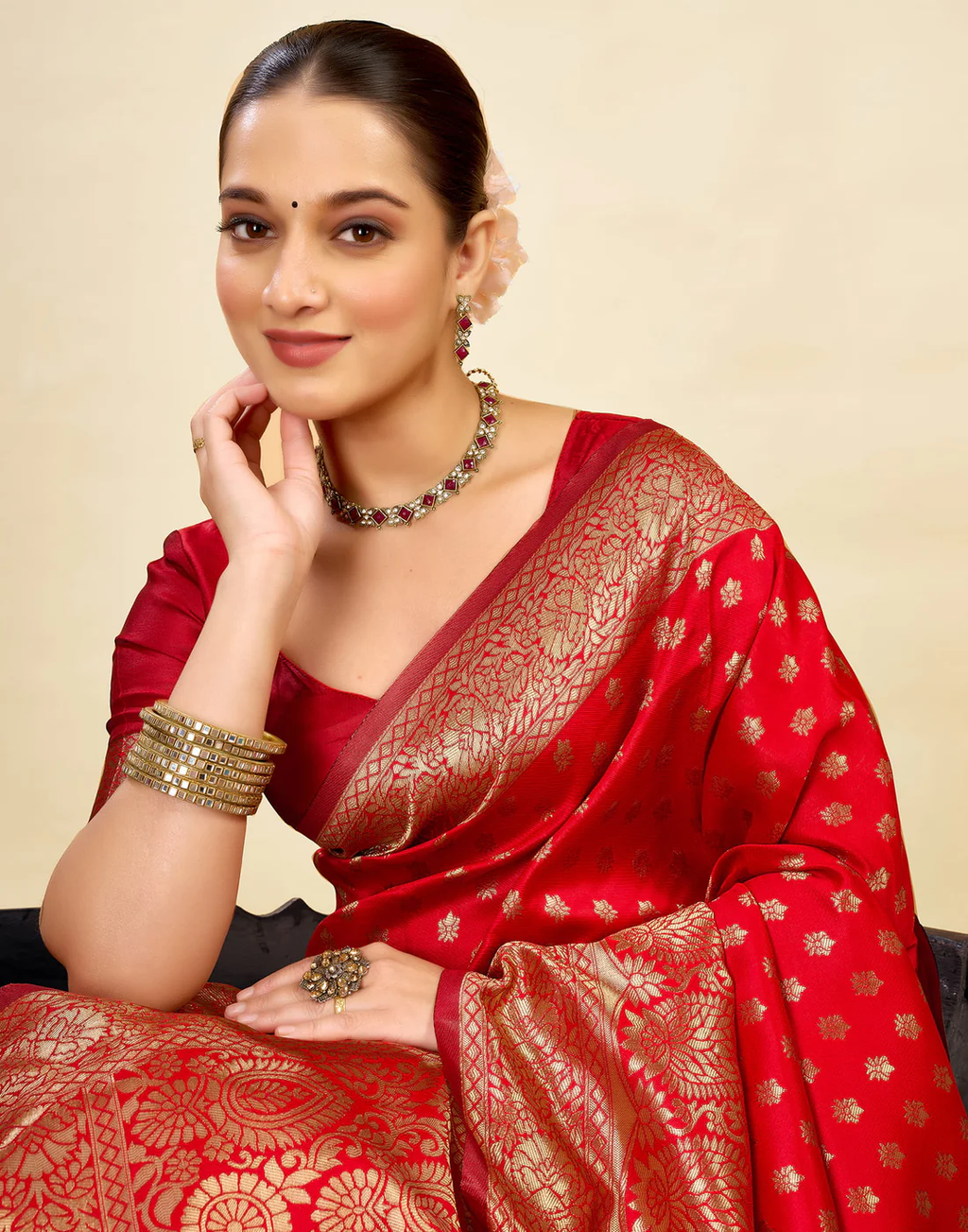 Vibrant Red Banarasi Silk Saree with Golden Zari Weaving