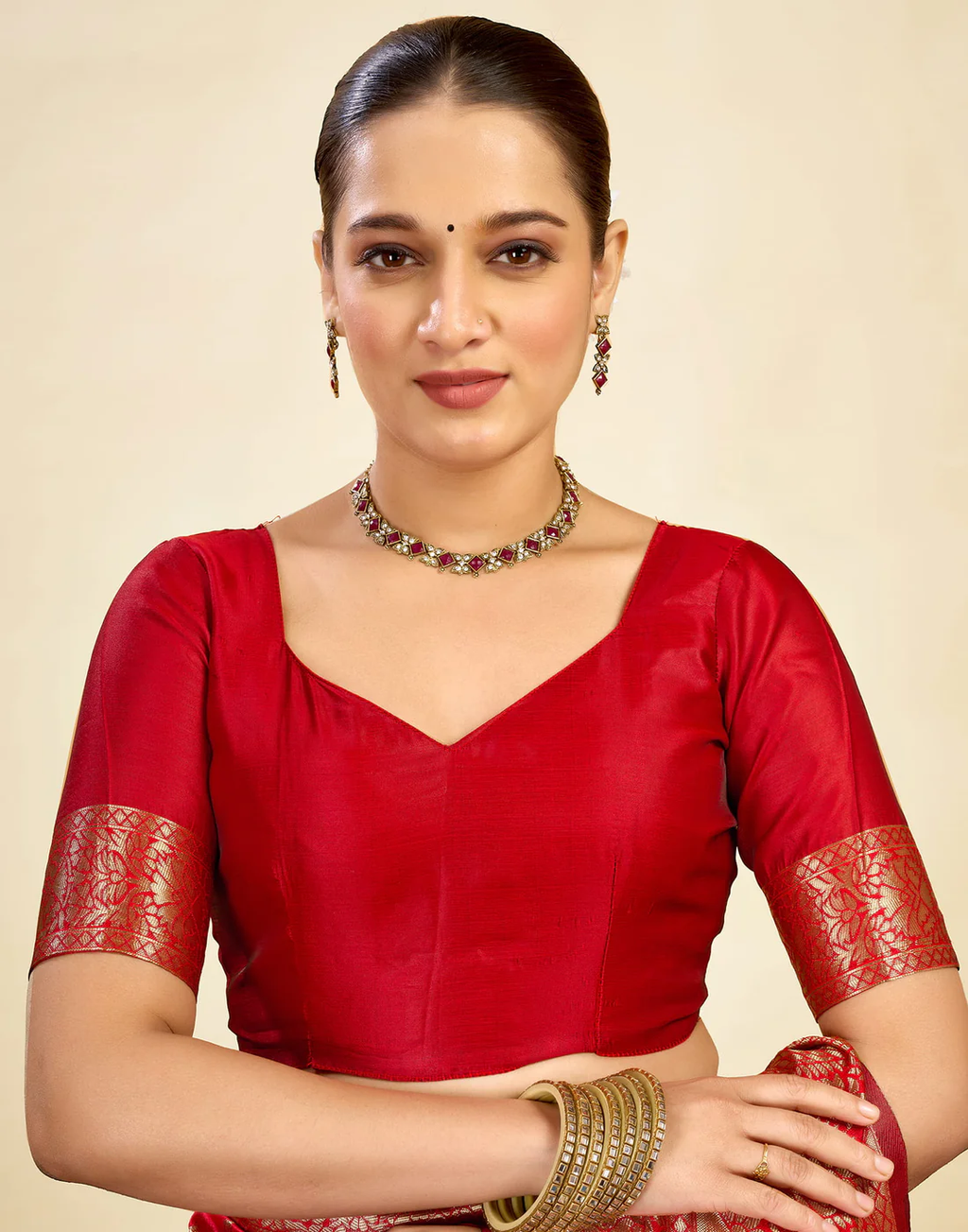 Vibrant Red Banarasi Silk Saree with Golden Zari Weaving
