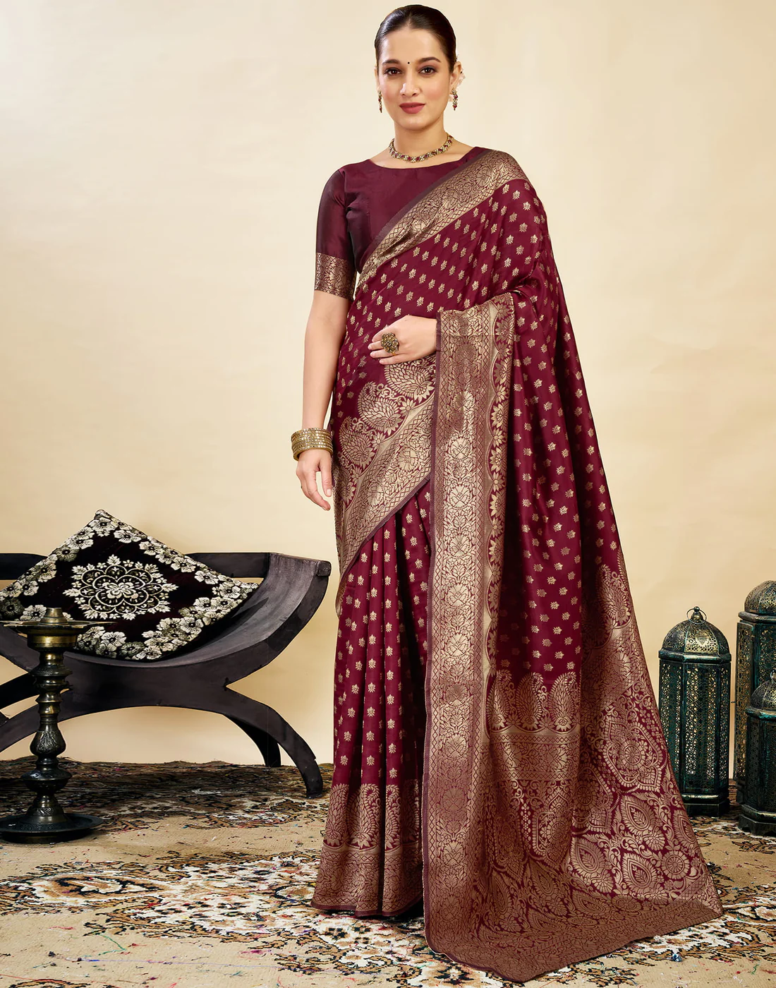 Royal Maroon Banarasi Silk Saree with Golden Zari Weaving
