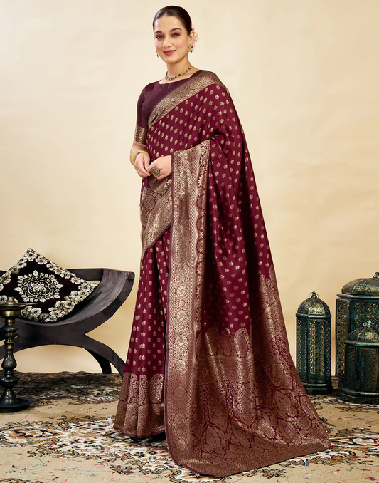 Royal Maroon Banarasi Silk Saree with Golden Zari Weaving